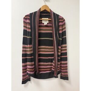 Billabong Brown Pink Burgundy Striped Open Front Boho Cardigan Sweater Small
